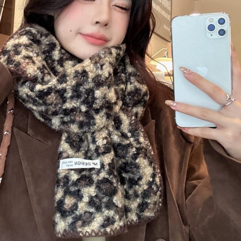 Autumn Winter Leopard Print Long Scarf for Women Girls Winter Warm Cashmere Scarf Korean Fashion Casual Thickened Niche Shawl
