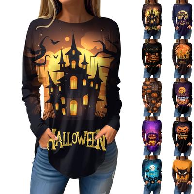 Women's Loose Round Neck Halloween Printed Long Sleeved T Shirt Top Pullover Long Sleeved Sweatshirt