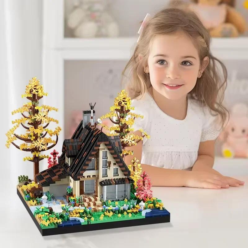Wooden House Building Blocks Micro DIY Assembly Model Architecture Building Bricks Toys for Kids Educational Christmas Gift