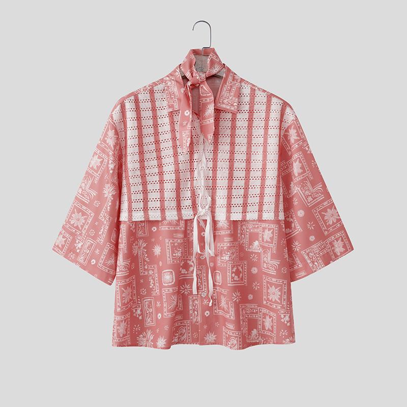 

INCERUN Men Lapel Neck Short Sleeve Floral Print Splicing Lace Casual Loose T-shirts Shirts L