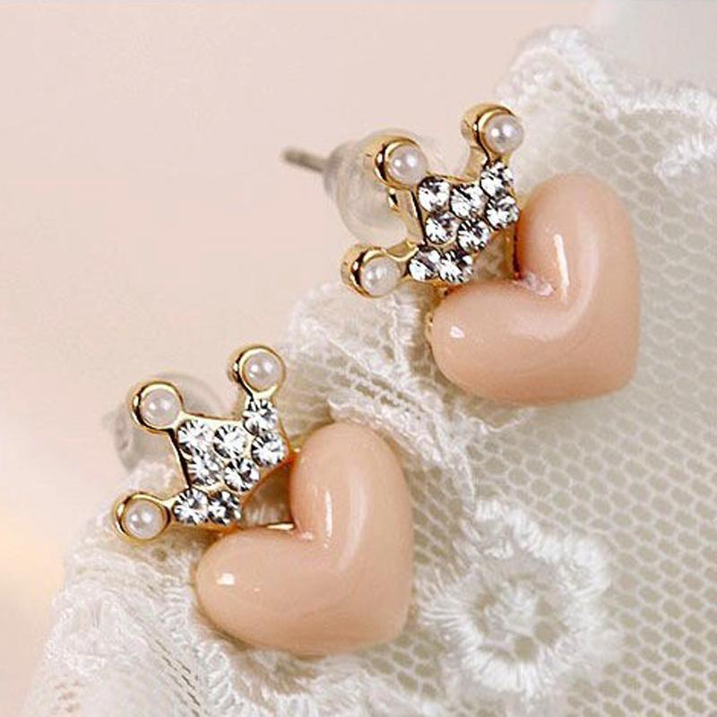 Cute Korean Earrings Love Heart Bling Crystal Stone Rose Gold Stud Earrings for Women Korean Jewelry Gift