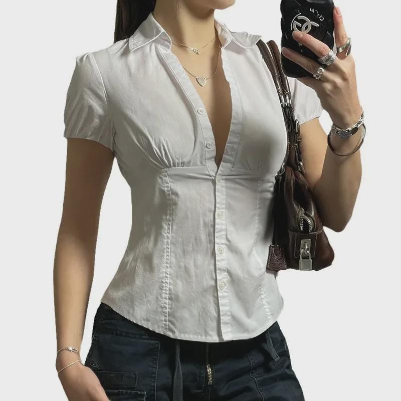 Bella's Chic Pleated Button-Down Short-Sleeve Lapel Top