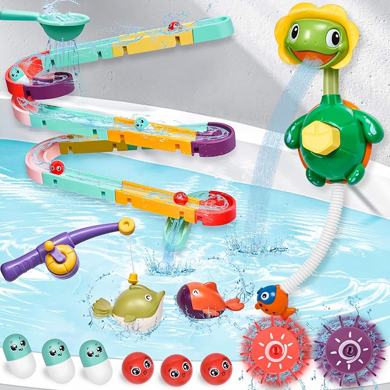Bath Toys,Bathtub Toy with Shower,Fishing Game for Toddlers, Suction Cup Bath Toys, Bathtub Toys Ball Slide Track for Toddles and Babies, Christmas Fishing Track