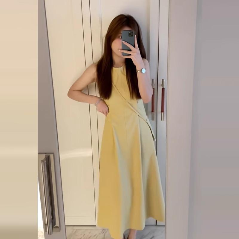 [Invisible zipper + small backpack] Pure and gentle yellow dress for women's summer round neck, waist and thin back