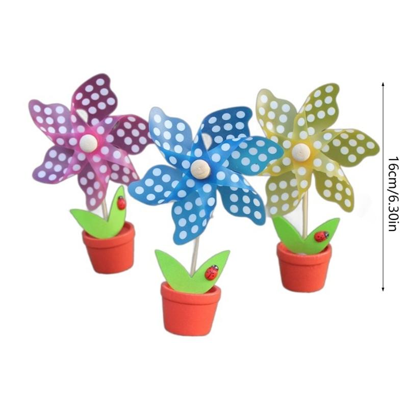 3Pcs Colorful Small Windmills with Flowerpots Ornament Desktops Decorations Cute Pinwheels Garden Lawn Kids Photo Props