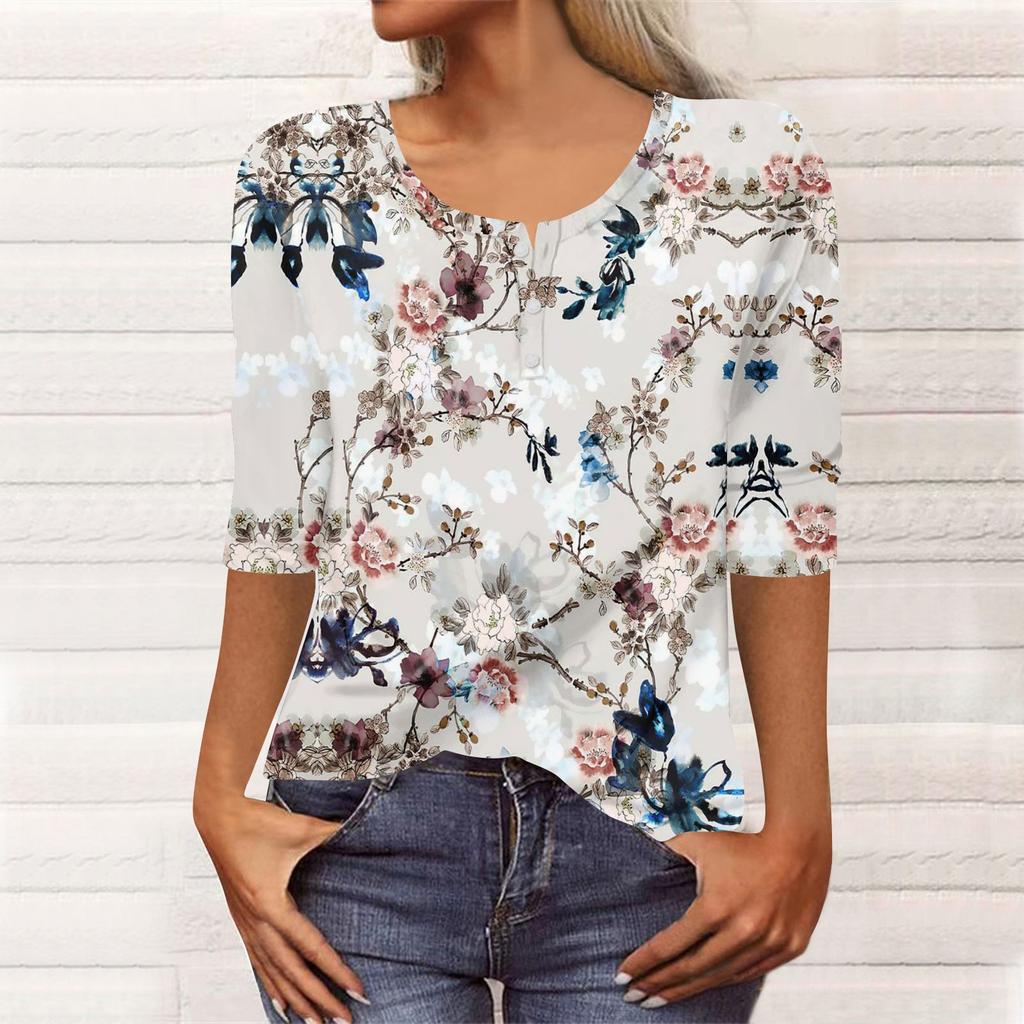 Women's Fashion Casual 3/4 Sleeve Buttons Print U-Neck Pullover Top Blouse