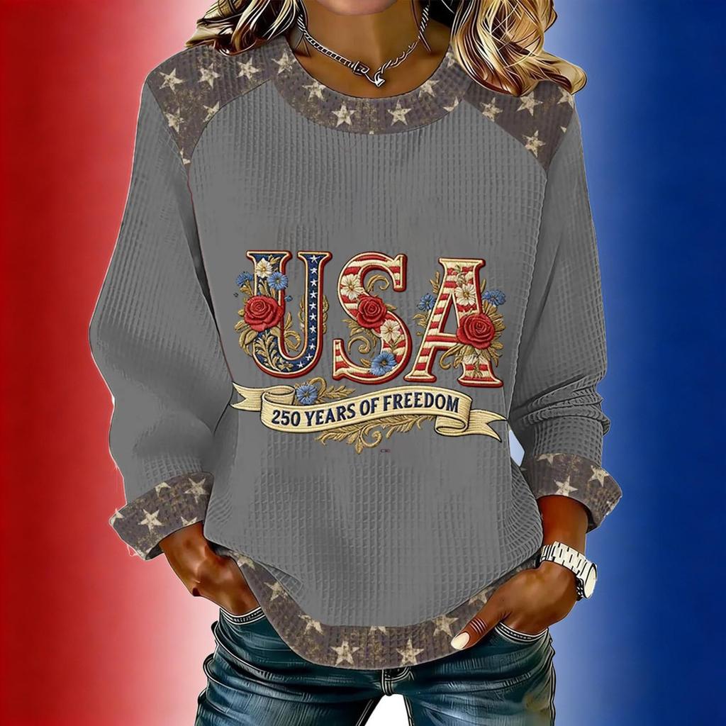Women's long-sleeved fashionable casual everyday Independence Day printed top