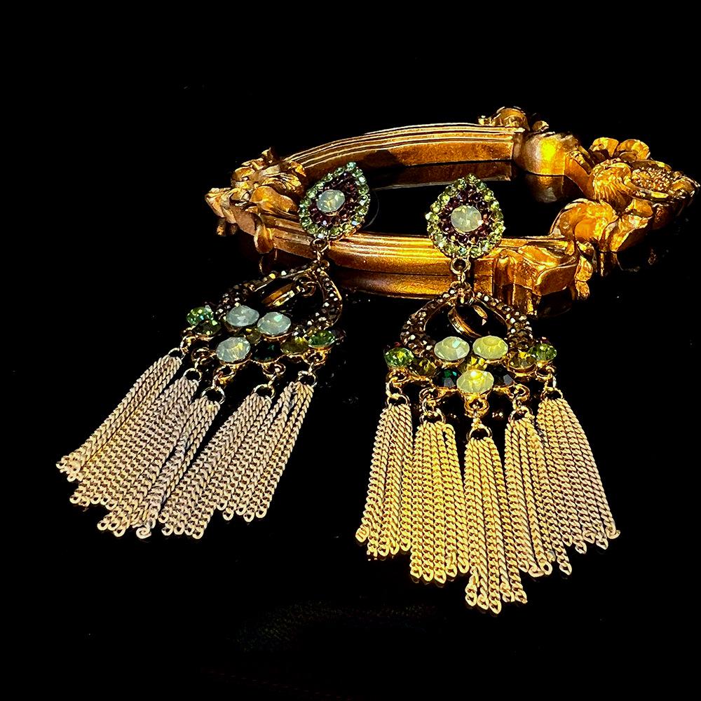 Chinese Vintage Haute Couture Tassel Earrings with Czech Diamond Texture