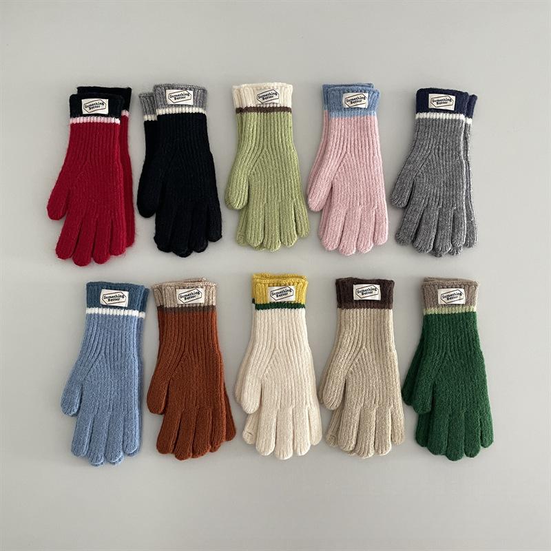 New Touchscreen Kids Gloves Winter Warm Windproof Cold Proof Five Finger Knitting Retro Korean Style Color Mix