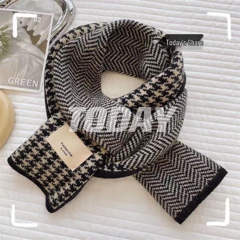 Women's Winter Wool Scarf: Japanese Striped Design, Warm, Versatile Neckwear with Letter Patch for Students and Couples