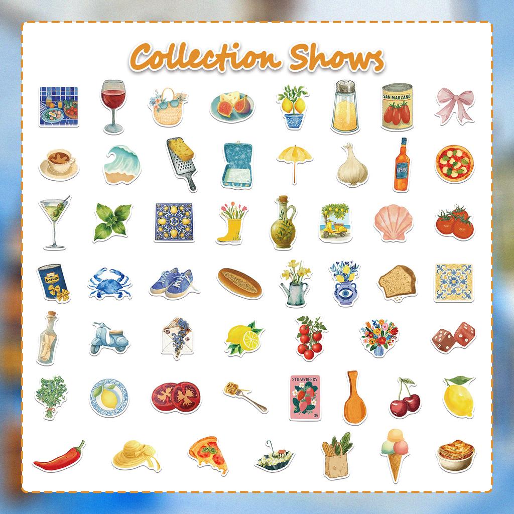 54 Pieces of Charming Graffiti Stickers Featuring Food, Fruits, Elements for A Journal, Water Bottle, and Suitcase Stickers