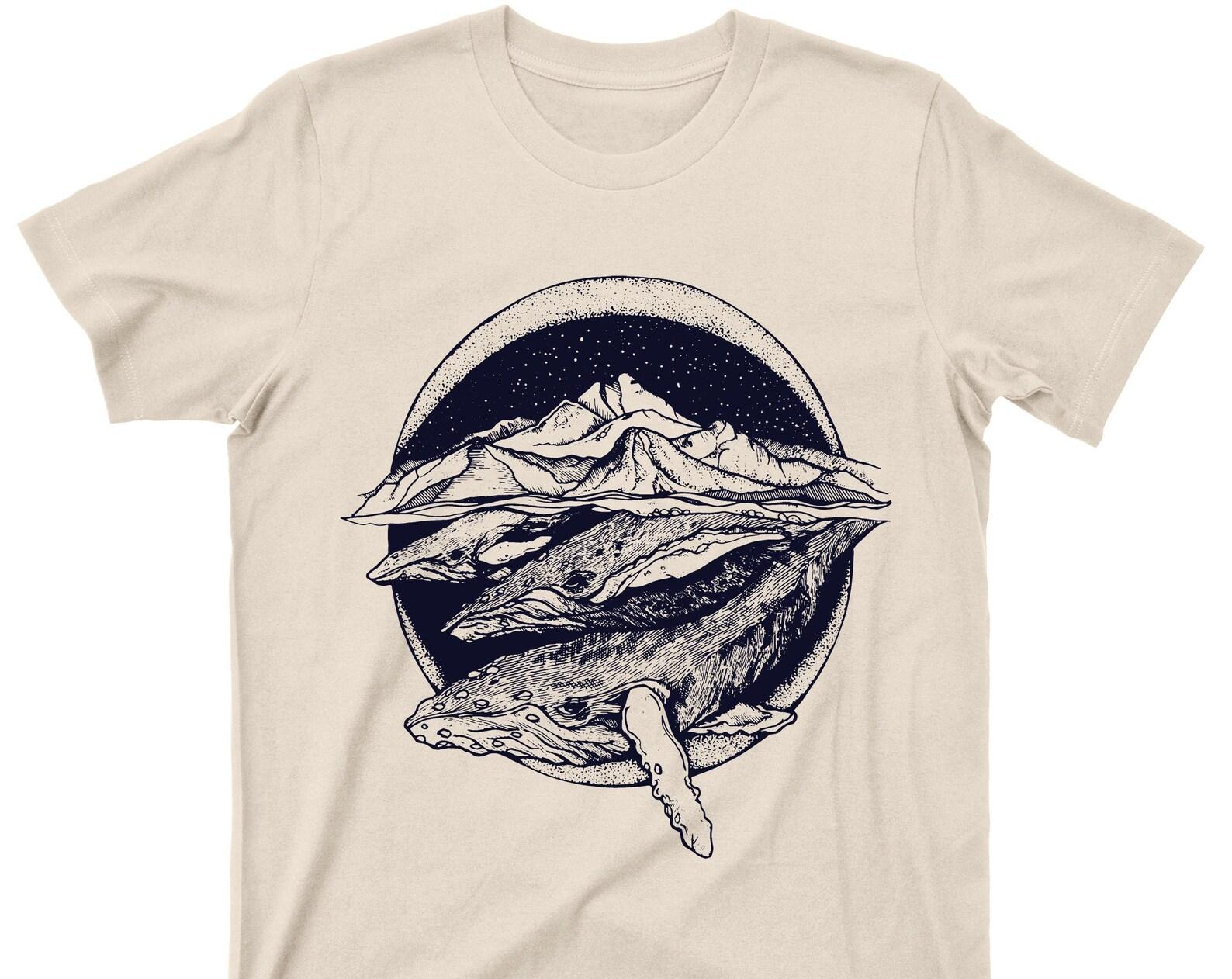 Swimming Whales T Shirt - Humpback Cetaceans Ocean Waves Deep Blue Sea Nautical Marine Mammals Tee Graphic TShirt M