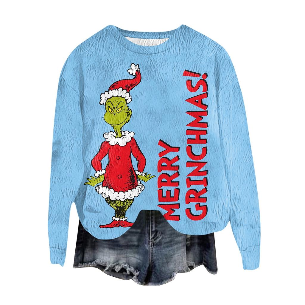 Women's Fashion Round Neck Pullover Top Long Sleeve Tee Christmas Printed Sweatshirt