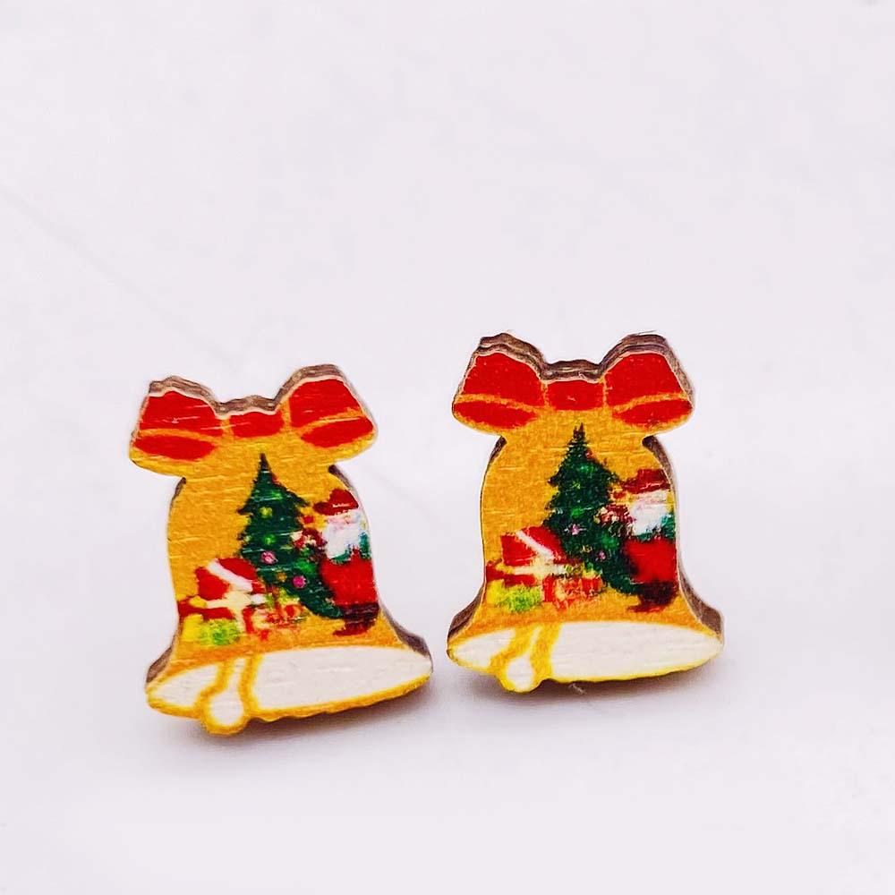 Christmas Wooden Stud Earrings Set: Bell, Santa Hat, and Gloves - Festive Holiday Jewelry Trio