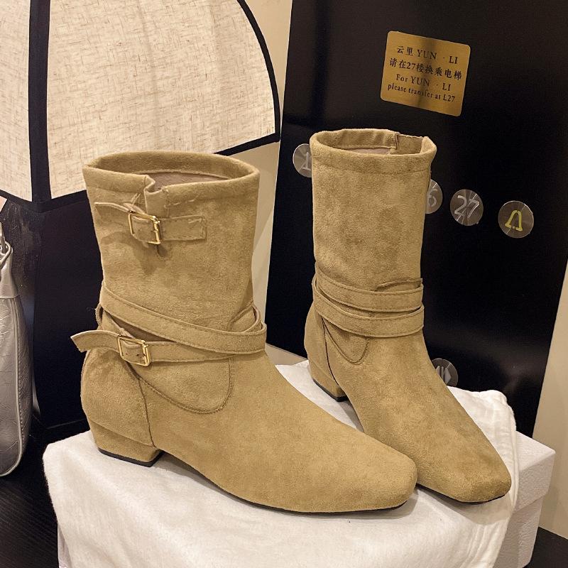2025 niche fashion pleated belt buckle looks thin but knee slope heel boots retro western cowboy boots women