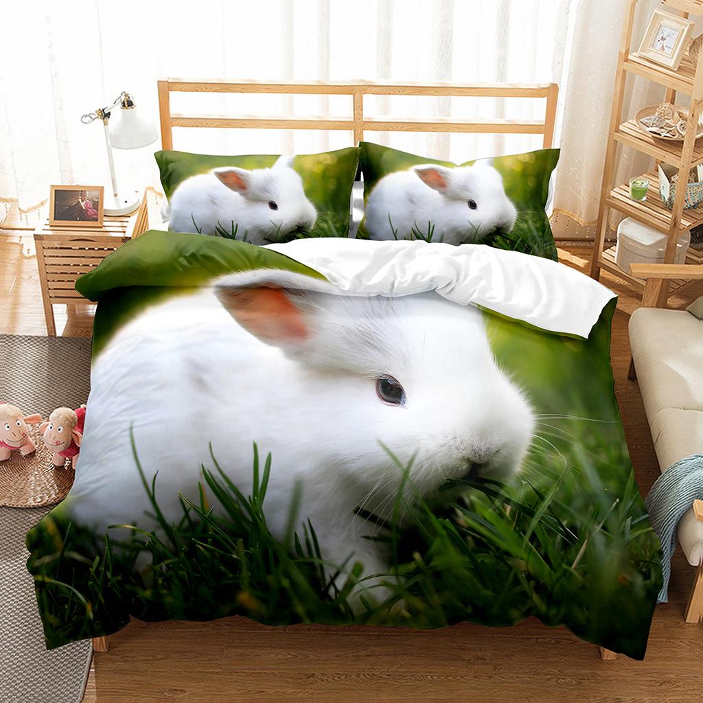 Cute Rabbit Duvet Cover Set Animals Polyester Comforter Cover King Queen Size for Kids Boys Girls Bedding Set with Pillowcase