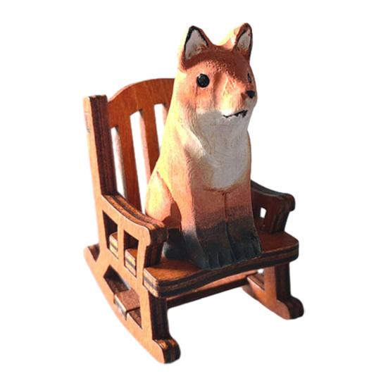 Small Hand-Carved Wooden Animal Figurine Cute Rocking Chair Cat/Dog/Fox Statue for Desk Home Office Decor
