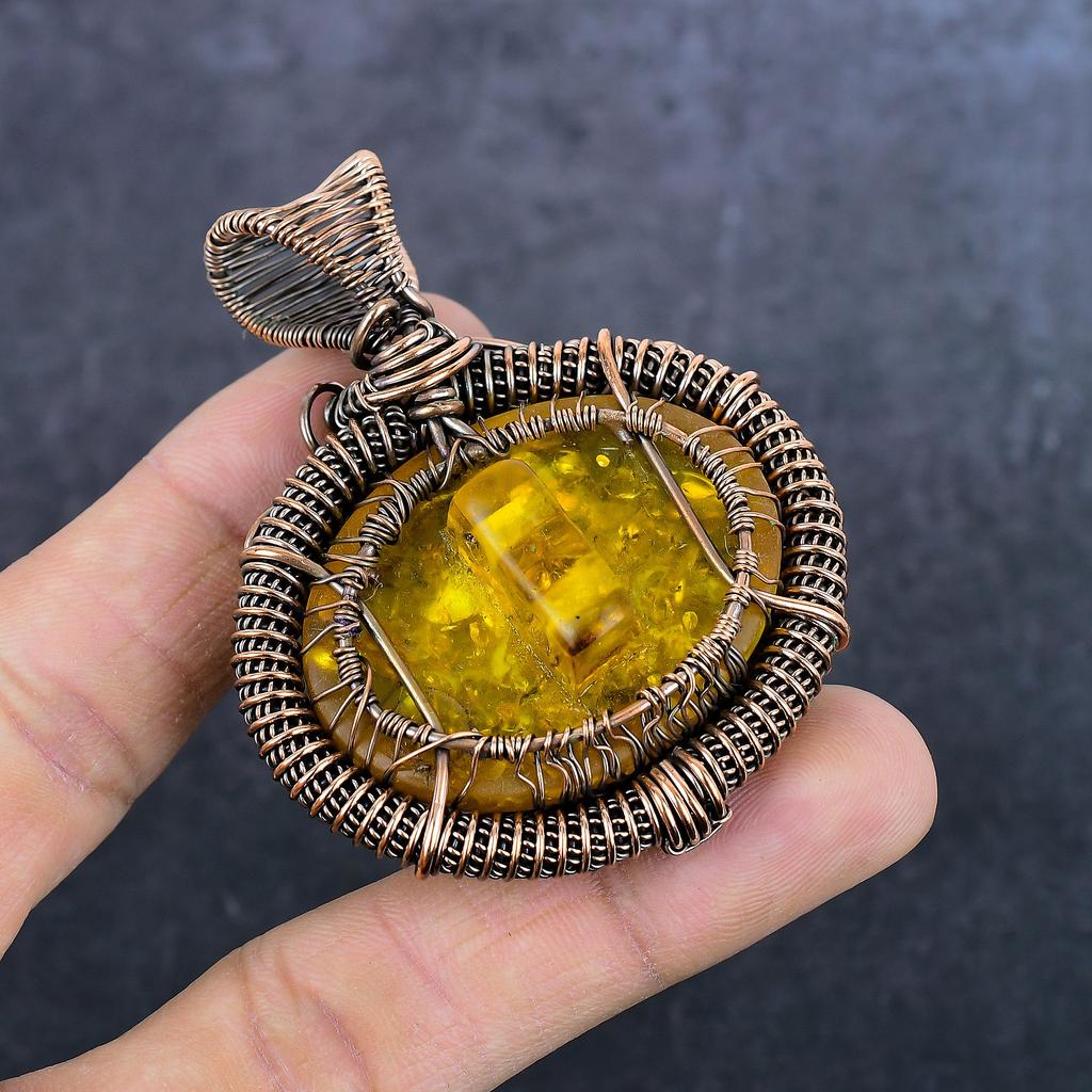 Bursztyn Bałtycki Ręcznie Robiony Miedziany Oplot Biżuteria Wisiorek 2,76" N5K55