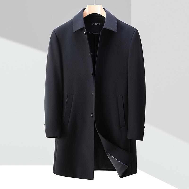 Middle-aged Buttoned Windbreaker Men's Mid-length Daddy Wool Lapel Coat Autumn and Winter New Loose Business Coat