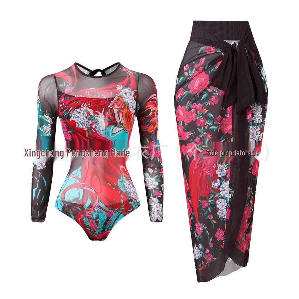 Women's Long Sleeve Mesh Sun Protection One-Piece Swimsuit with Skirt
