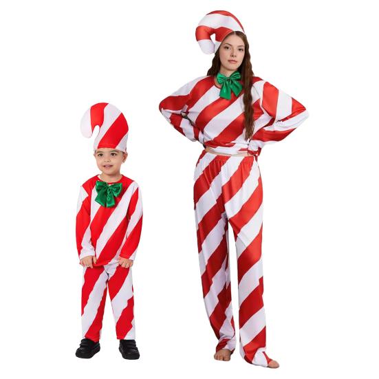 Candy Cane Christmas Costume for Adults Kids Red White Striped Top Pants Hat 3 Piece Set Christmas Cosplay Outfit for Men And Women