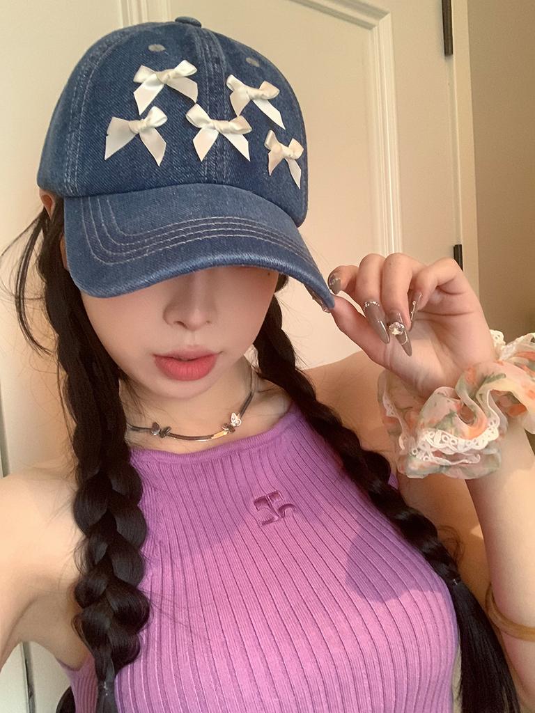 Butterfly Knot Denim Baseball Cap With Sun Protection For Casual Women