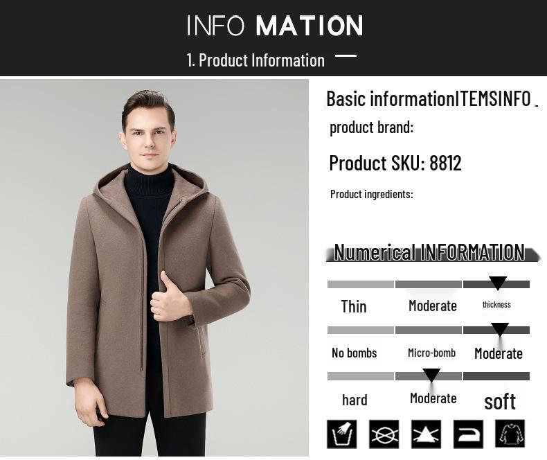 Brand Men's Korean-Style Wool Hooded Mid-Length Double-Faced Wool Down Coat Windbreaker