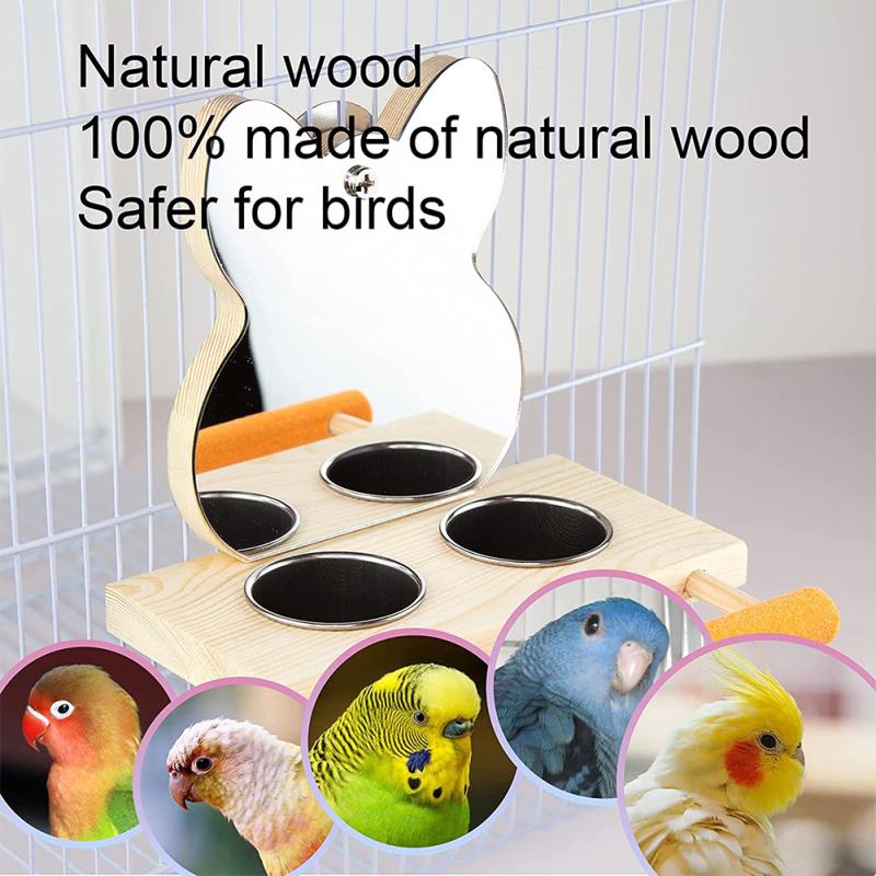 Parrots Mirror With Feeder Cups Bowl Wooden Birds Interactive Self-happy Toy Puzzle Toy
