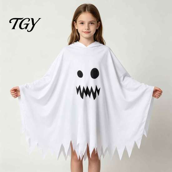 Spooky Cosplay Cloak for Boys Girls Hooded Ghost Costume, White/Black Cape Costume Kids Adults, Cute Face Party Dress Halloween Outfit with Wave Edge