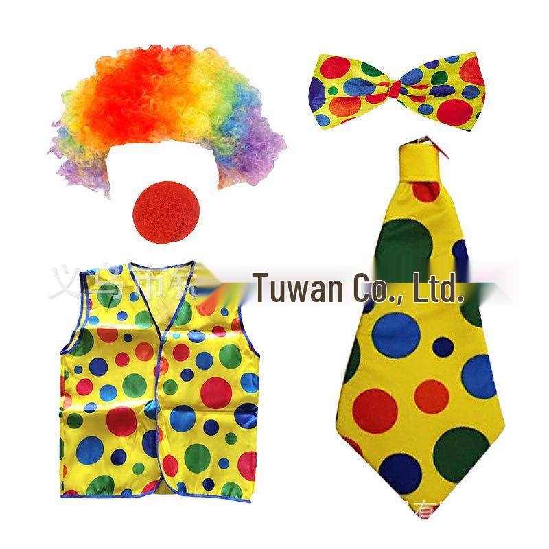 Colorful Clown Polka Dot Costume Set with Nose, Hat, Wig, Bow Tie, and Magic Props.
