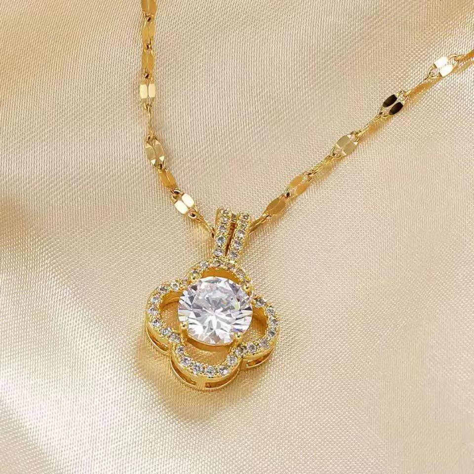 Elegant Clover Zircon Necklace - Women s Luxury Niche Titanium Steel, Colorfast Clavicle Chain