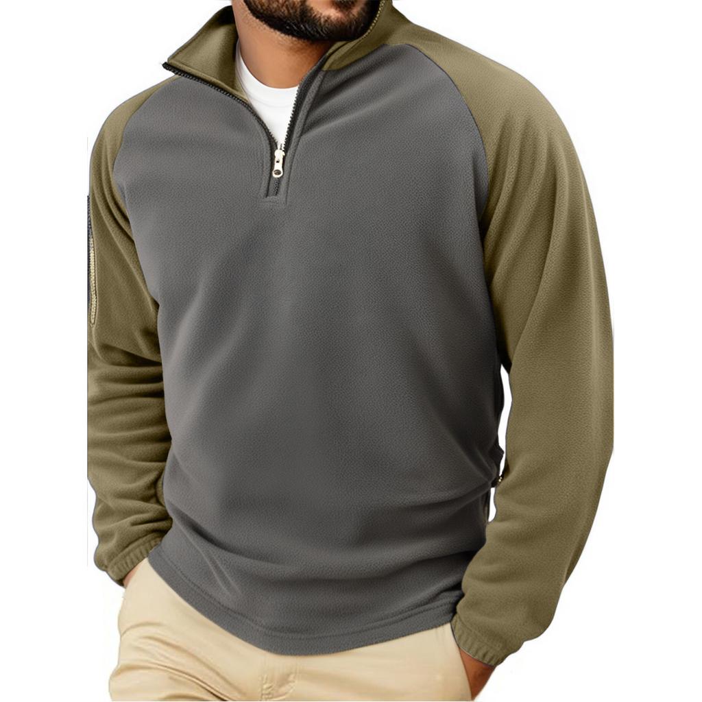 Men's Outdoor Casual Sports Fleece-Lined Warm Stand-Up Collar Pullover Color-Blocked Zipper Hoodie