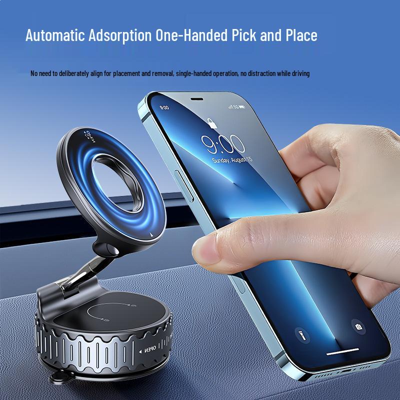 MagSafe Car Phone Holder with Metal Rod, Rotating, Folding, Anti-Shake Vacuum Suction Cup.