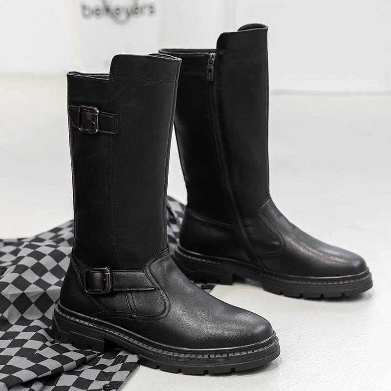 Fashion Size 38-46 Men's Fashionable High-Top Leather Boots Genuine Cowhide Shoes Side Zipper Thick-Sole Cowboy Boots for Everyday Wear