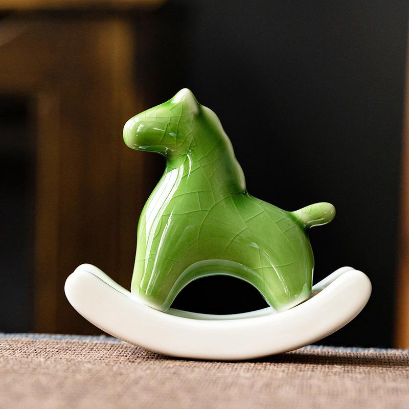 Ceramic Green Horse Figurine Tea Pet Zen Desk Decor Vintage Animal Sculpture Home Office Decor Lucky Charm Gift for Housewarming