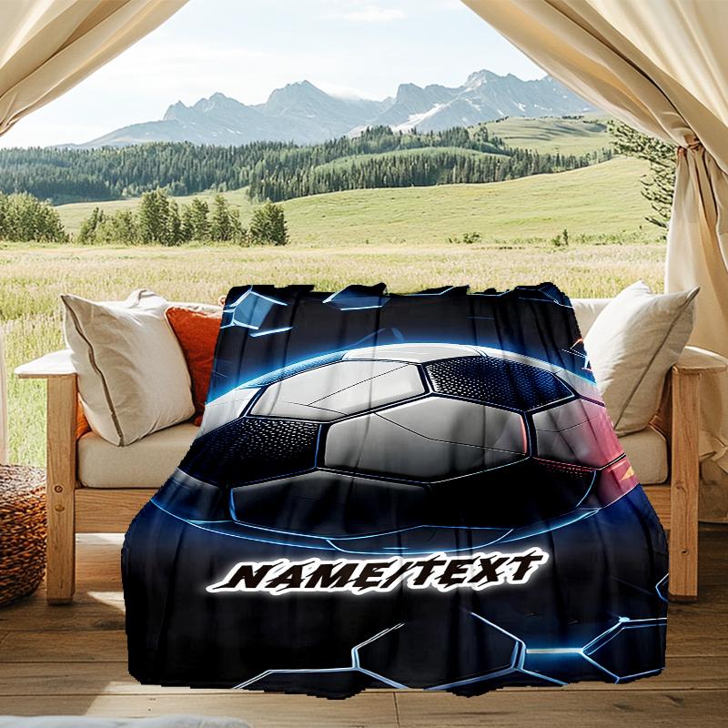 1PC Custom Name Futuristic Soccer Ball Outdooor Flannel Blankets Throw Blanket All-Season Throw Gift Bedspread for Couch, Bed, Camping Holiday Birthda