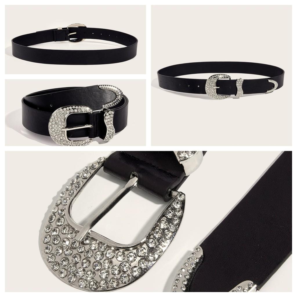 Black Vintage Decorative Rhinestone Belt Woman's Retro Style Alloy Buckle Personality Belt