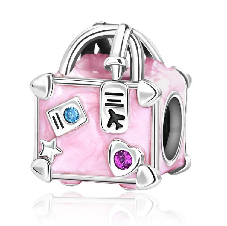 925 Silver Cute Fashion Lipstick High Heels Bag Charms Cartoon Pink Beads Pendant Fit Bracelet Jewelry Gift For Women