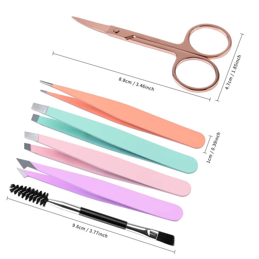 Professional Eyebrow Tweezers 6 Pcs Set  - Stainless Steel Tweezers & Curved Scissors for Precise Shaping with Case. Ideal for Ingrown Hair Removal.