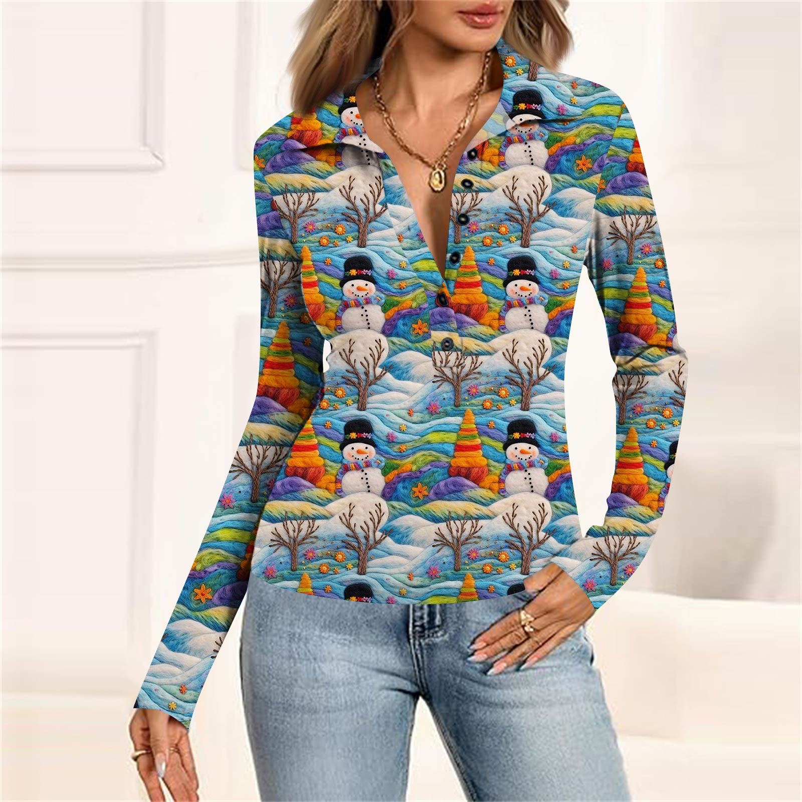 

Женская мода Повседневный принт V-образный вырез Длинный рукав Застегивающаяся на пуговицы блузка L