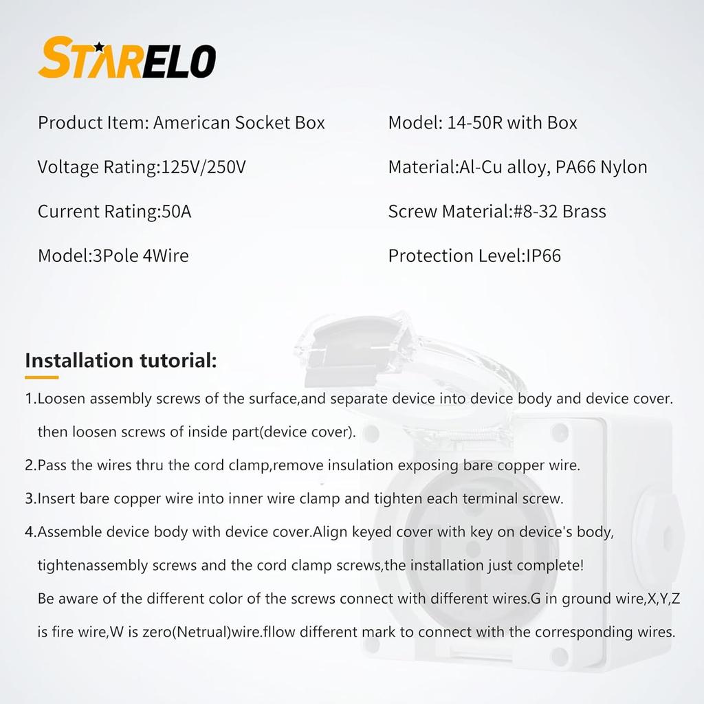 STARELO NEMA 14-50R Outlet,50Amp RV Power Outlet Box 125/250Volt,Outdoor Dustproof And Weatherproof For RVs, Electric Vehicles, Generators, Welding