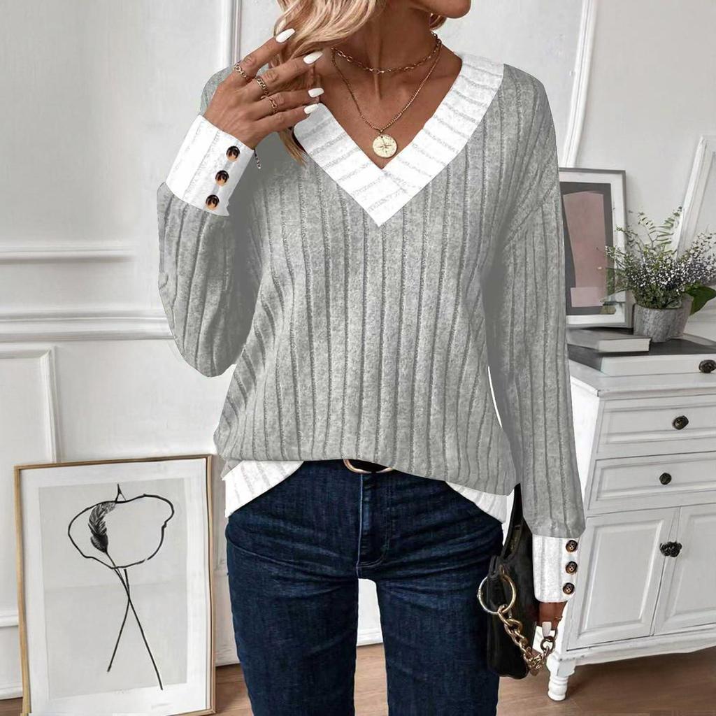 Women's V Neck Sweaters Casual Long Sleeve Pullover Knit Tops Loose Basic Clothing