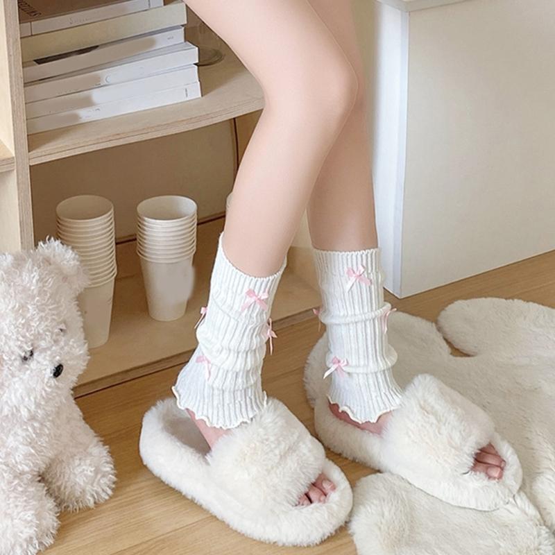 Sweet Girls Leg Warmers Women Ribbed Knit Striped Foot Cover Elegant Bowknot Ruffled Trim Boot Cuffs Footless Calf Socks