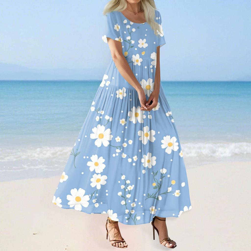 Damen Sommer Casual Blumendruck Kurzarm O-Ausschnitt Hohe Taille A-Linie Stufen Fließendes Boho Maxikleid