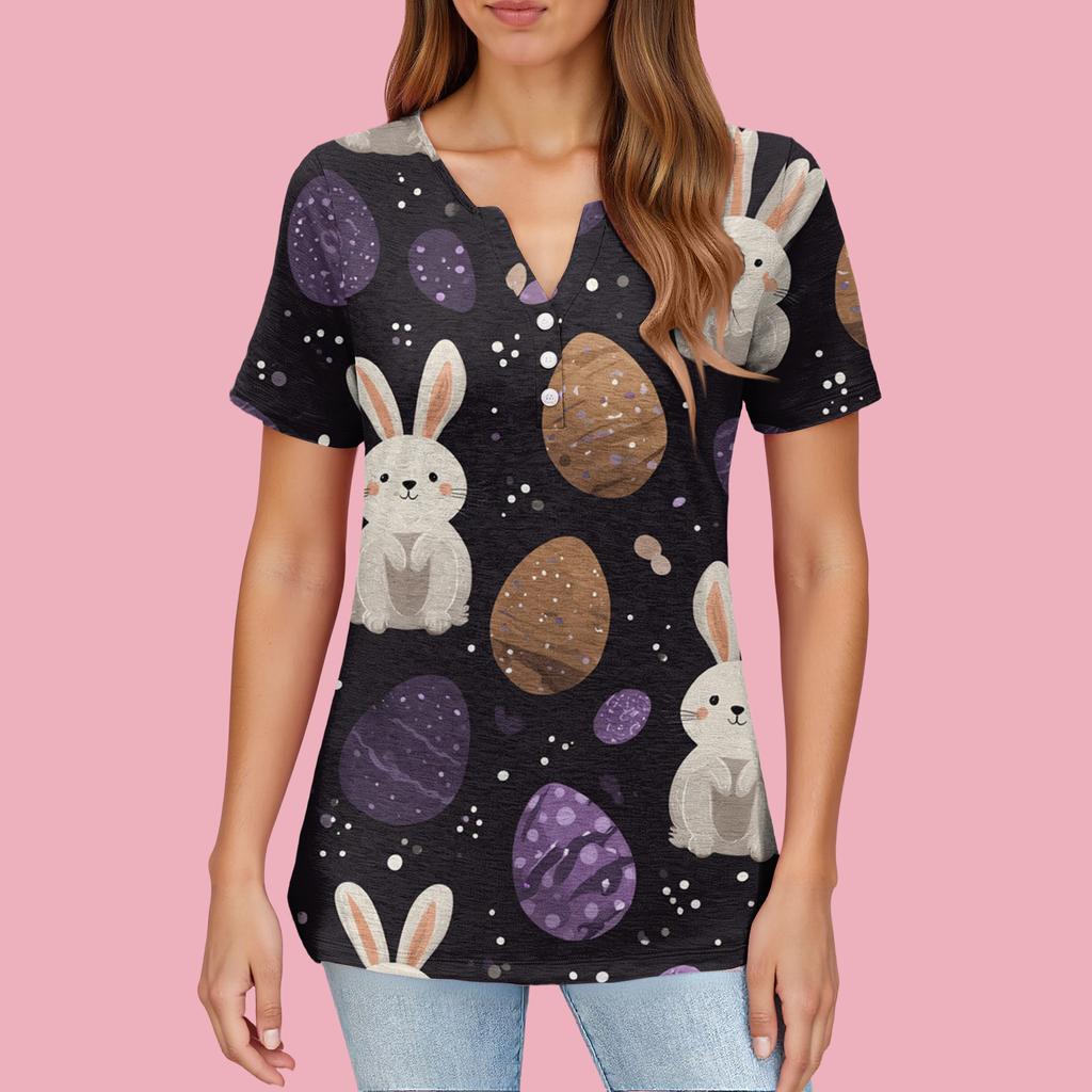 Women's T Shirt Print Button Short Sleeve Daily Weekend Fashion Basic V- Neck Regular Top