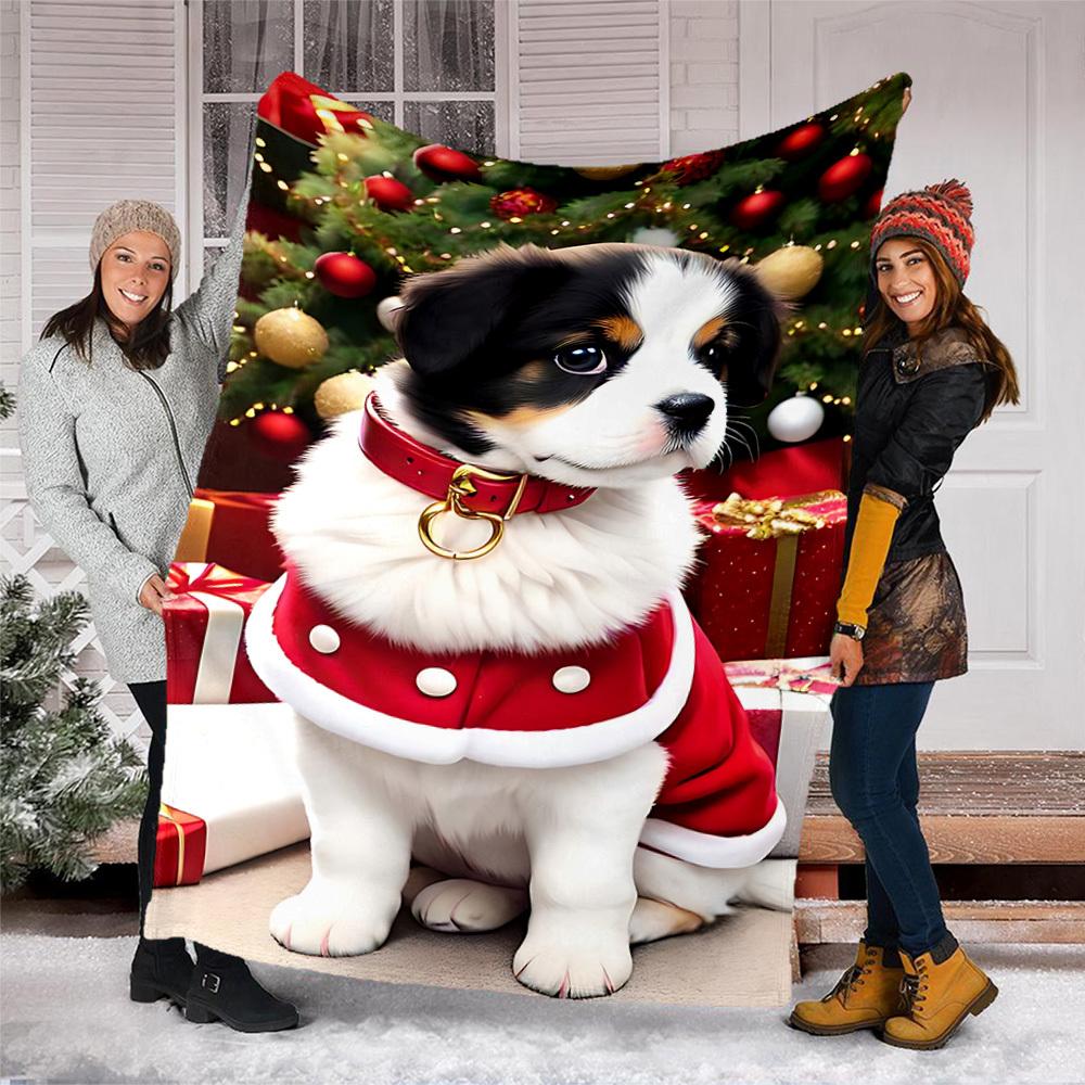 1pc Christmas puppy Outdoor Flannel Blanket , Machine Washable Perfect Gift for Birthday , Holiday Travel Accessory , Durable Material