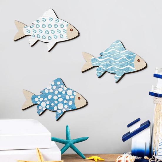 3 Pcs Wooden Fish Wall Art Nautical Coastal Theme Blue Fish Wall Decor Vintage Beach Ocean Wall Sculpture for Living Room Lake House