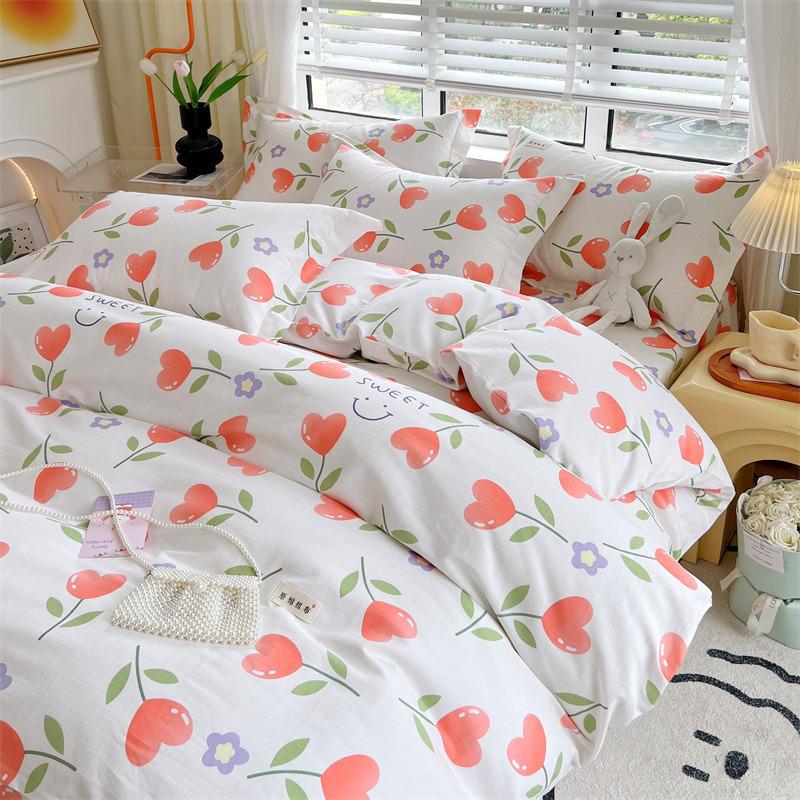 Set de pat din bumbac din patru piese, set din trei piese de husă de pilota de dormitor din bumbac pur și cearșaf de pat