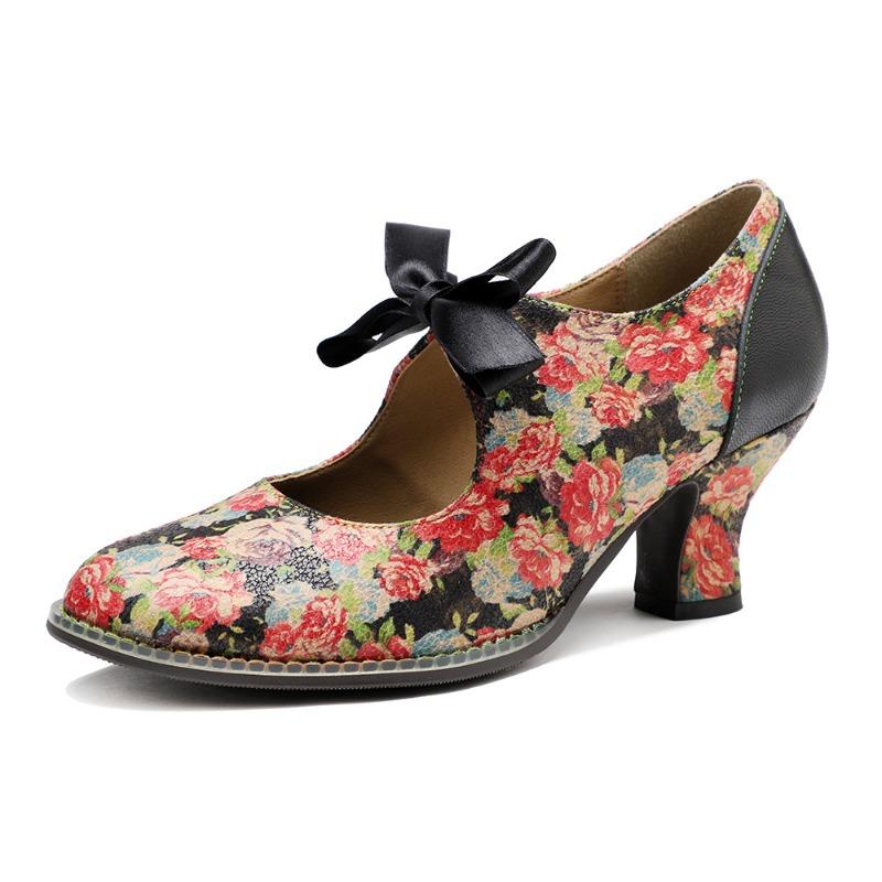 Spring retro pastoral floral straps bow high heels 36