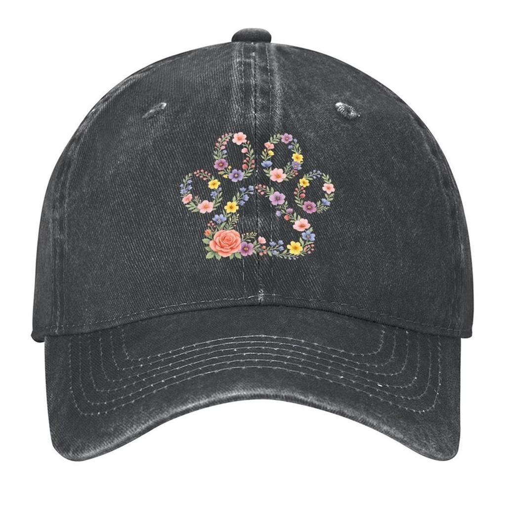 Floral Paw Print Washed Baseball Cap Casual Cotton Curved Brim Dad Hat Unisex Outdoor Adjustable
